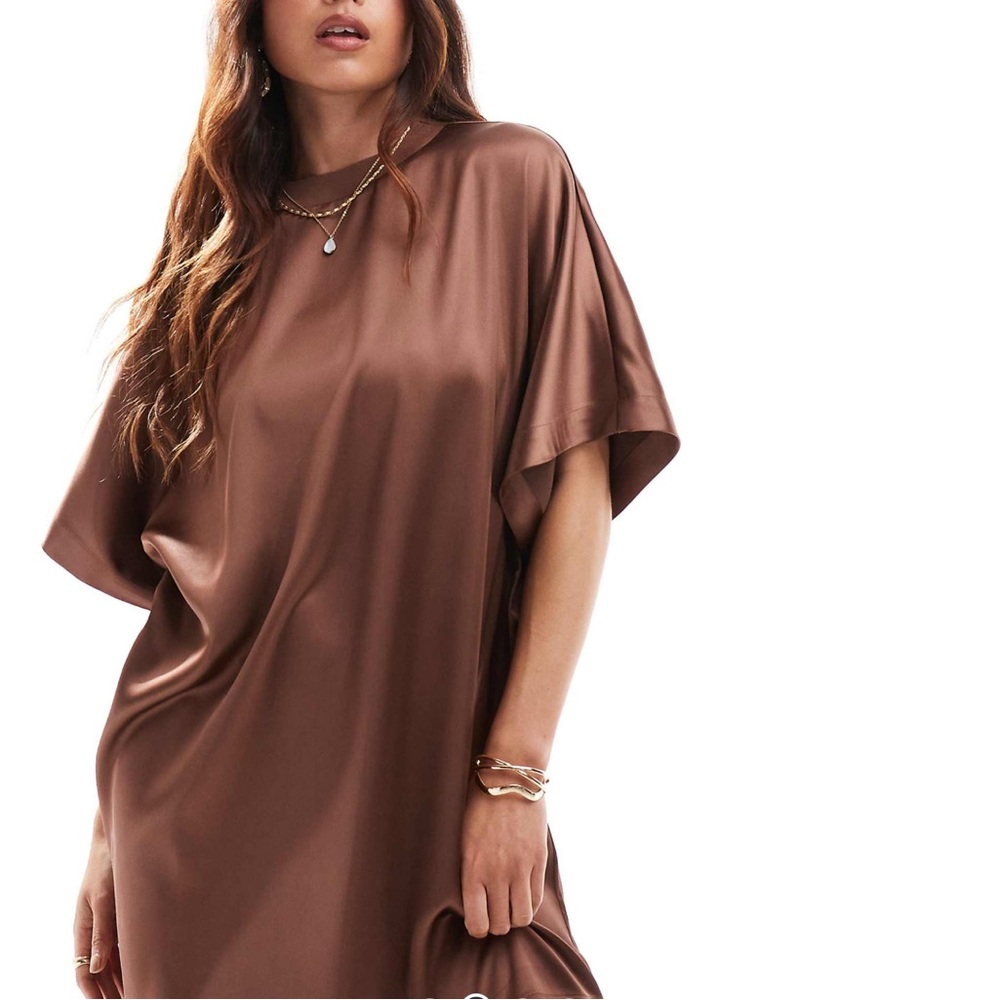 Satin Short Sleeve Mini Dress in Brown